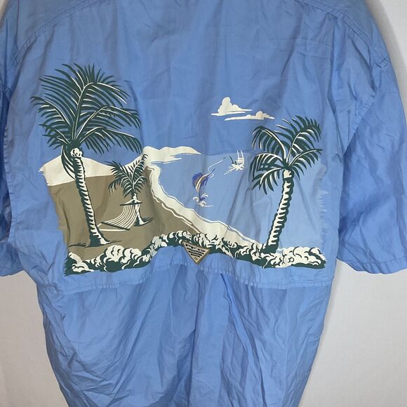 Columbia PFG Shirt Large Blue Short Sleeve Button Up Solid Vented Palm Sailfish - Picture 5 of 13